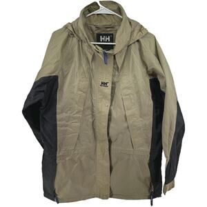 Helly Hansen Packable Rain Jacket Hood Colorblock Full Zip Gorpcore Khaki Large